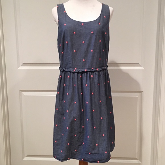LOFT Dresses & Skirts - LOFT Denim Dress Embroidered Pink Polka Dots Sz 10